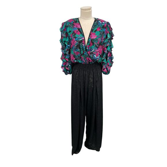 Vintage Diane Freis Jumpsuit Beaded Palazzo Pant Ruffle Sleeves Size Medium ?